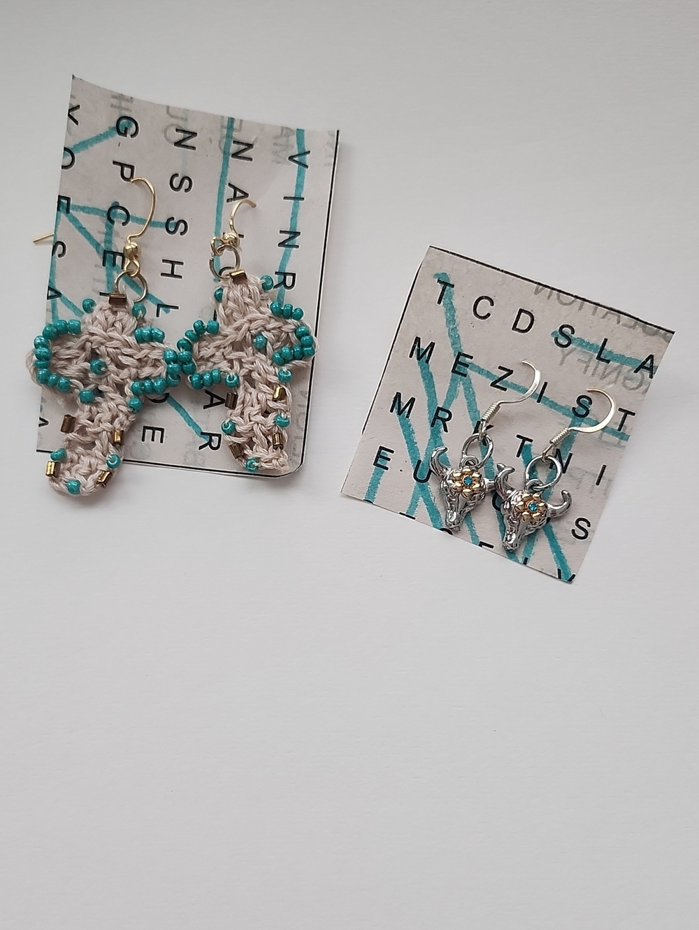Handmade Beige Crochet Cross Earrings with Teal Beads - Kids Accessories